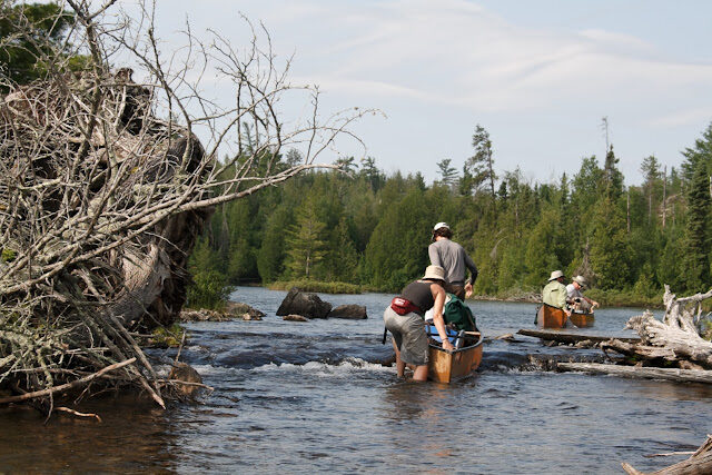 A group moving loaded canoes together through a rocky Boundary Waters passage