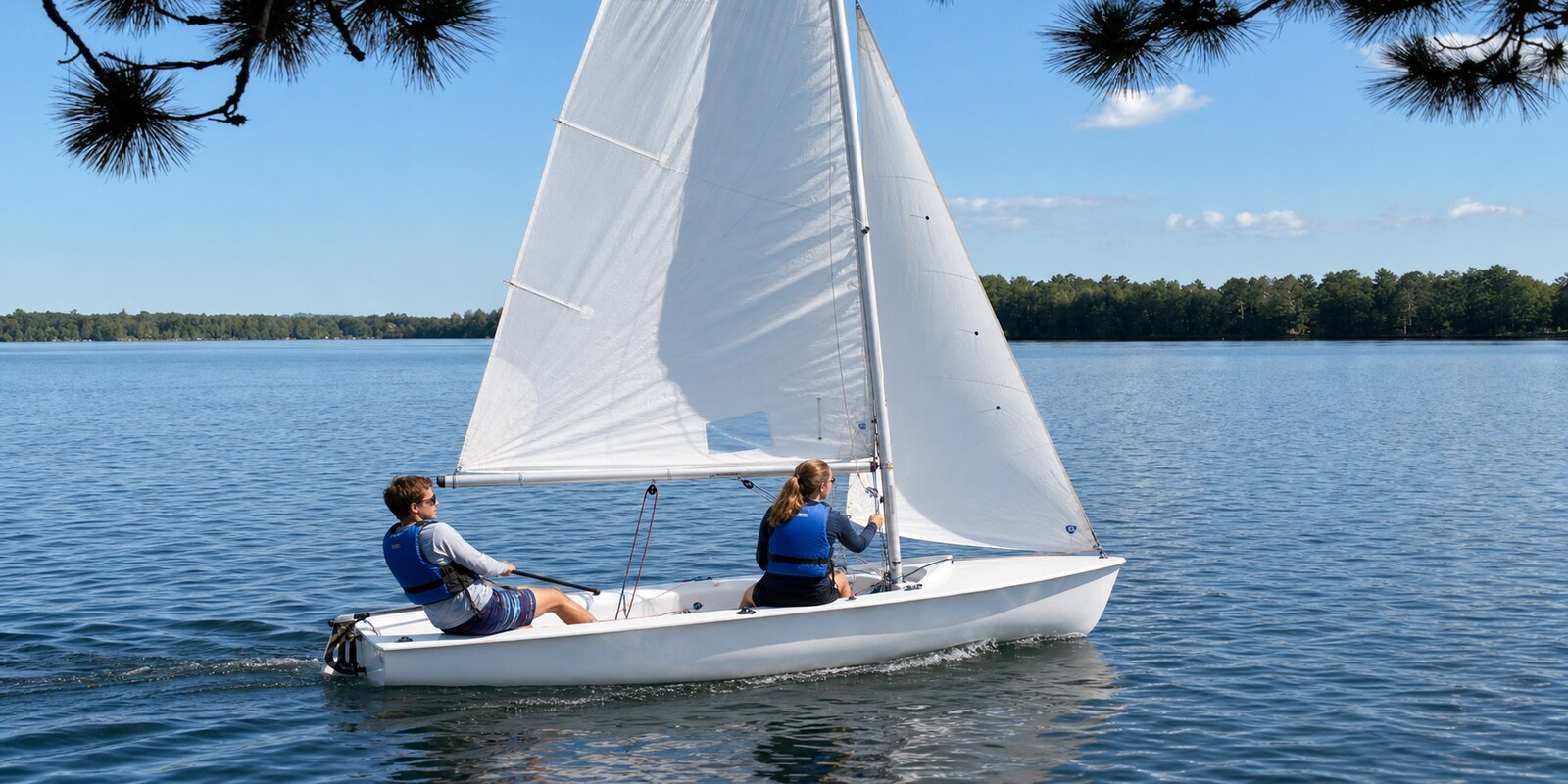 Two sailors handling the main and jib of a Club 420 on Sand Lake