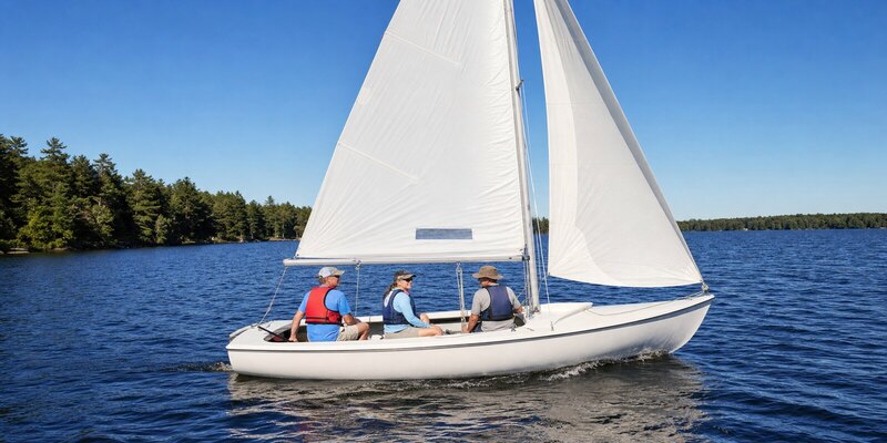 Three sailors cruising in the roomy cockpit of a Flying Scot